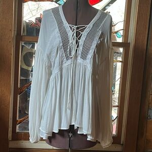 Free People White Lace-Up Blouse